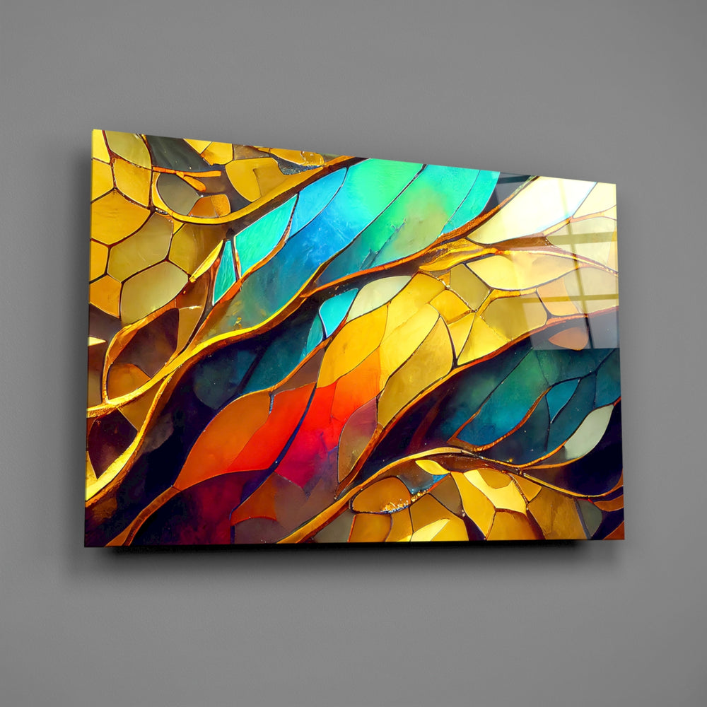 Stained-glass leaf cathedral abstract glass wall art over walnut dining sideboard