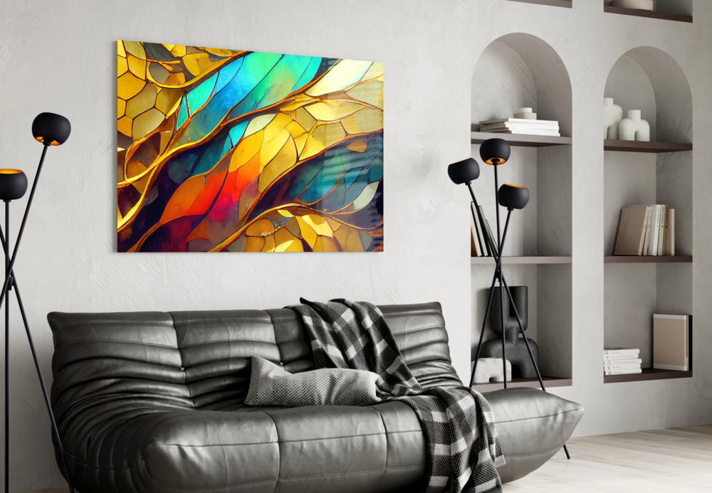 Gold-veined leaf cinematic glass wall art above linen sofa in glamorous lounge