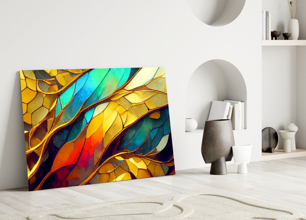 Cathedral jewel-tone leaf glass wall art over master-bedroom headboard