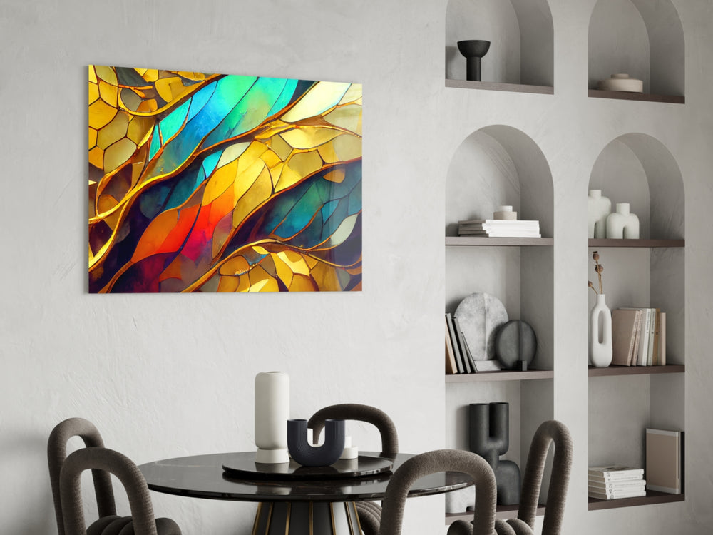 Sapphire-emerald mosaic leaves glass wall art in designer study