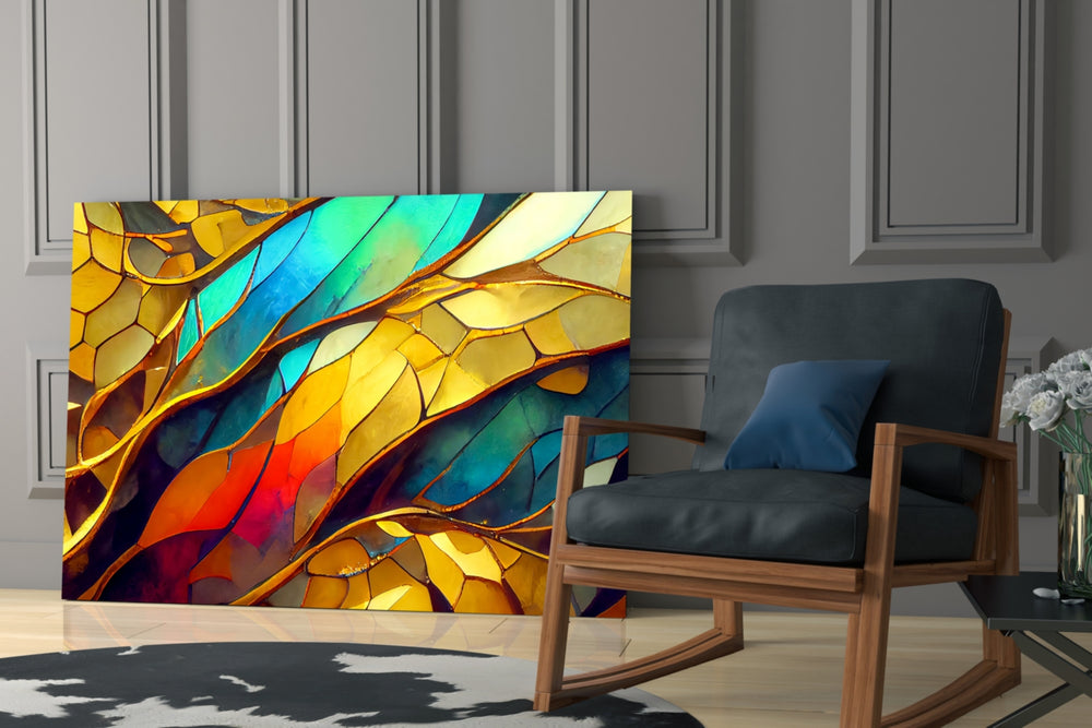 Cinematic stained-glass foliage glass wall art over modern bar cabinet