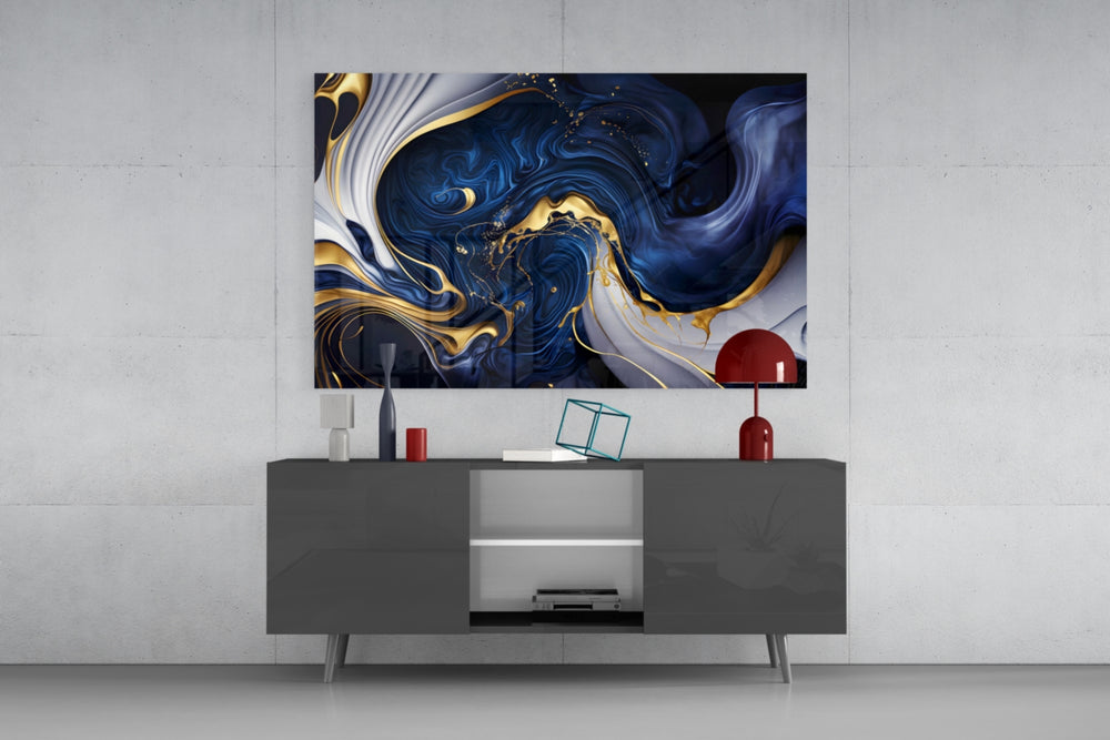 Lapis-and-ivory marble cinematic glass wall art in designer office