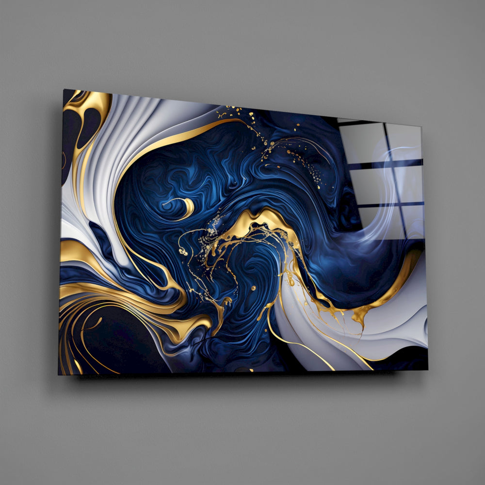 Midnight-blue and gold-vein cinematic glass wall art over walnut sideboard