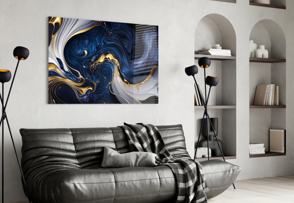 Sapphire-and-gold marble cinematic glass wall art in fashion-house entry