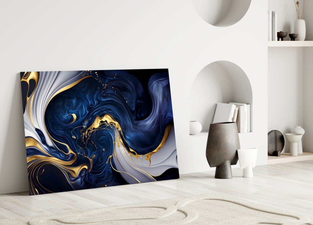 Gold-flecked navy abstract glass wall art over master-bedroom headboard