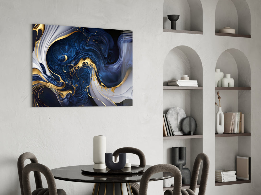 Indigo-marble cinematic luxury glass wall art in hotel lounge