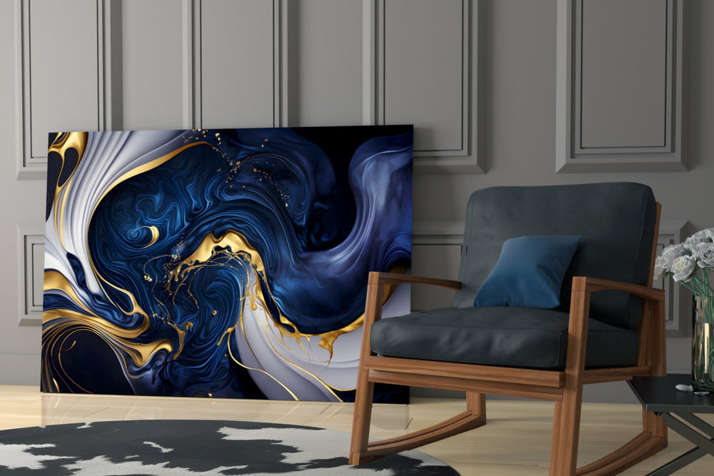 Navy-and-gold alcohol-ink glass wall art over modern dining table