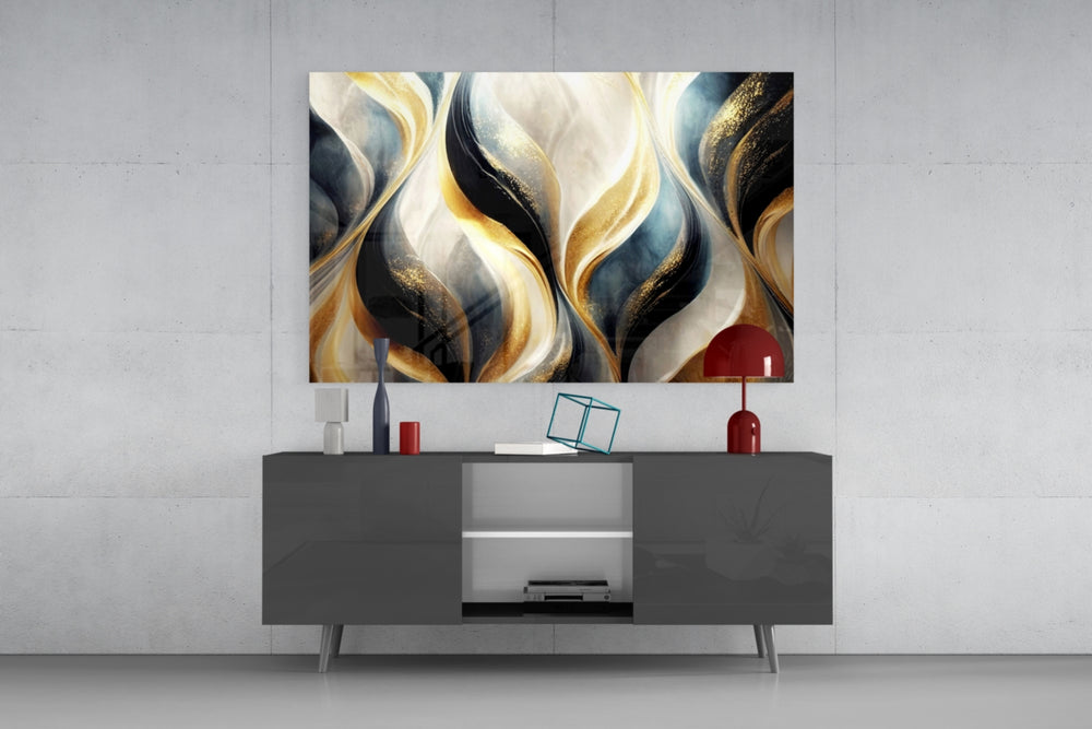 Antique-gold and charcoal flame glass wall art in luxury hotel lobby