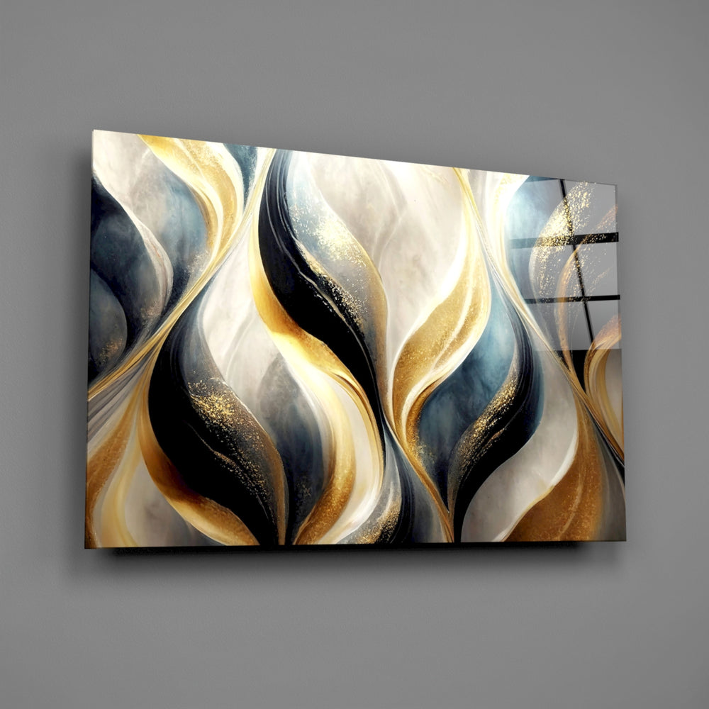 Baroque gold-curve cinematic glass wall art over walnut dining sideboard