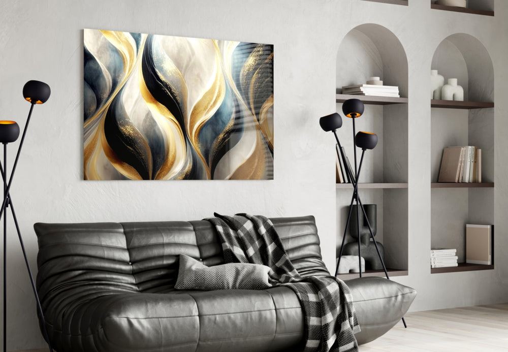 Onyx-gold marble flame glass wall art in couture dining room