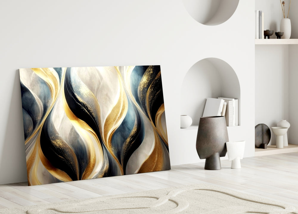 Ivory-pearl and gold-flame cinematic glass wall art over master-bedroom headboard