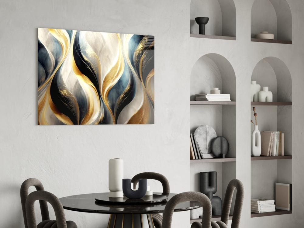 Gold-dust black-flame abstract glass wall art over modern bar cabinet