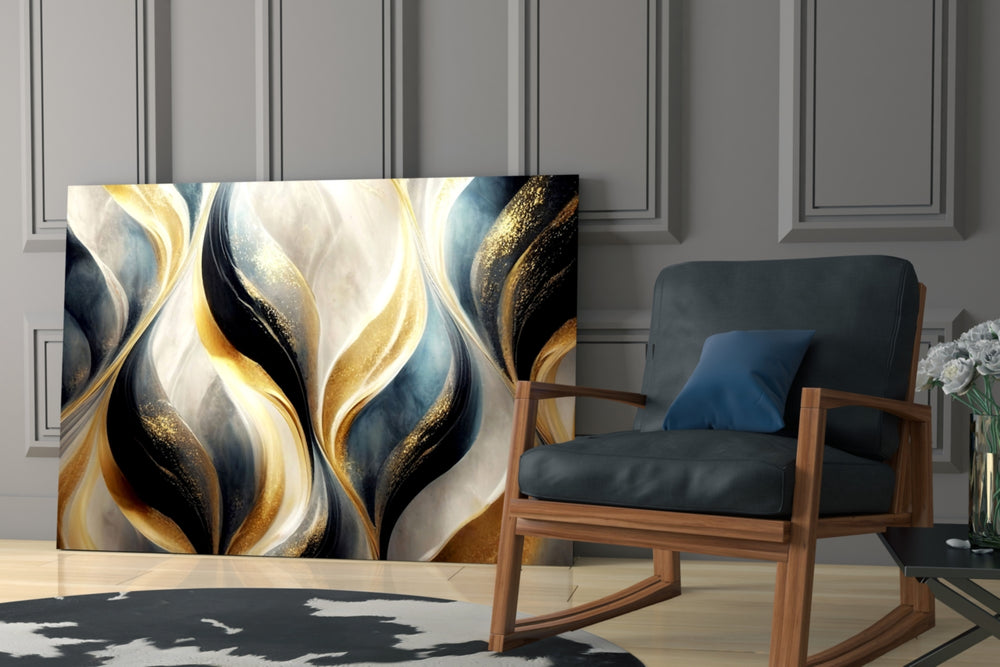 Onyx-and-antique-gold cinematic glass wall art in heritage dining space