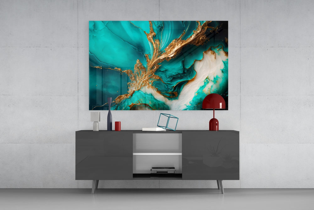 Alcohol-ink turquoise gold-leaf glass wall art in glamorous dining room