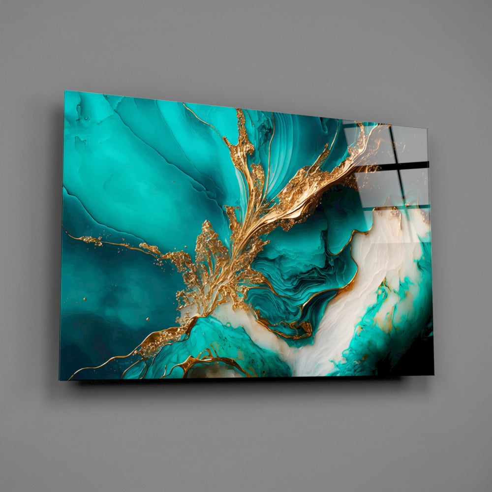 Teal-and-gold cinematic agate glass wall art over walnut sideboard