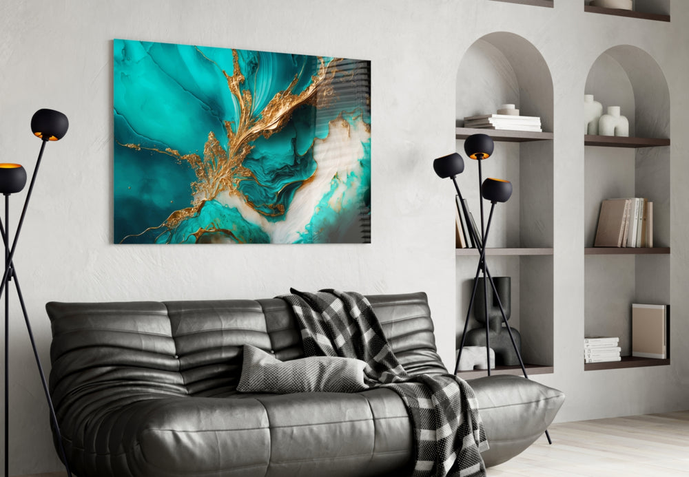 Couture fluid-art splash glass wall art in fashion-house entry lobby