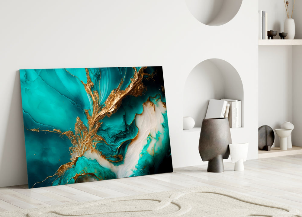 Teal-and-gold-vein marble glass wall art over master-bedroom headboard