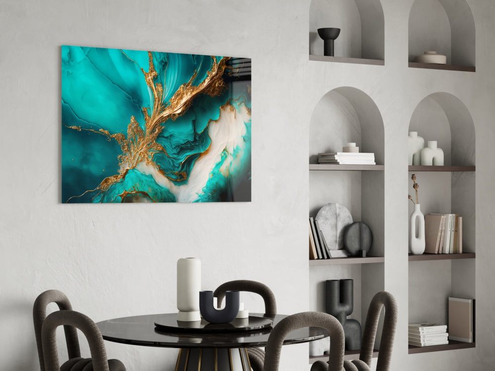 Gold-splash turquoise abstract glass wall art over modern dining table