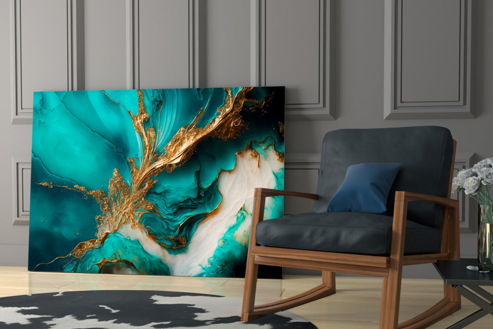 Ivory-and-teal marble cinematic glass wall art in designer office