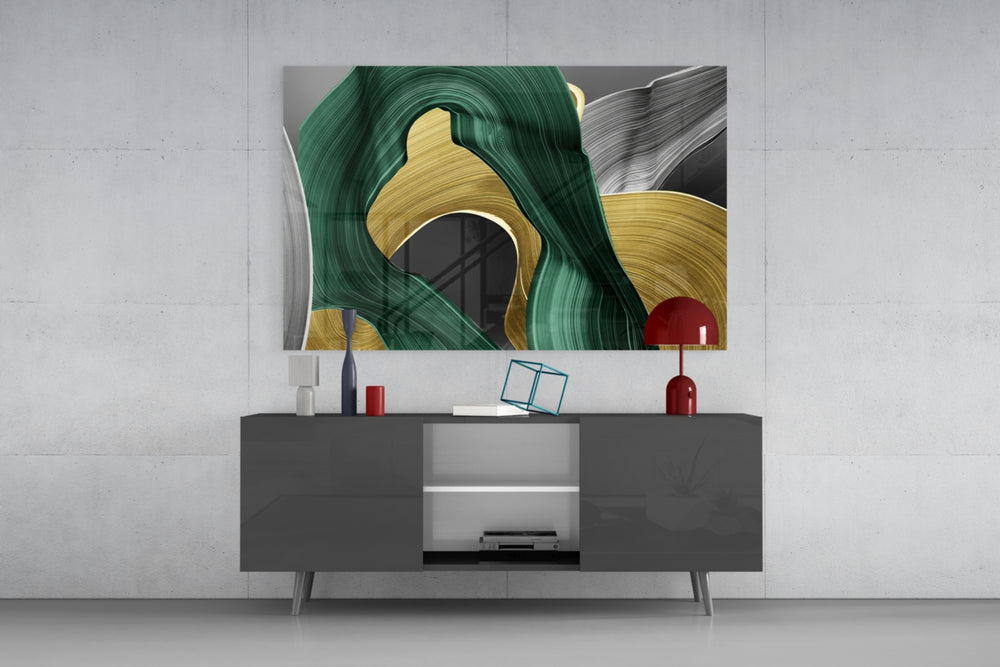 Antique-gold and emerald ribbon glass wall art in luxury hotel lobby