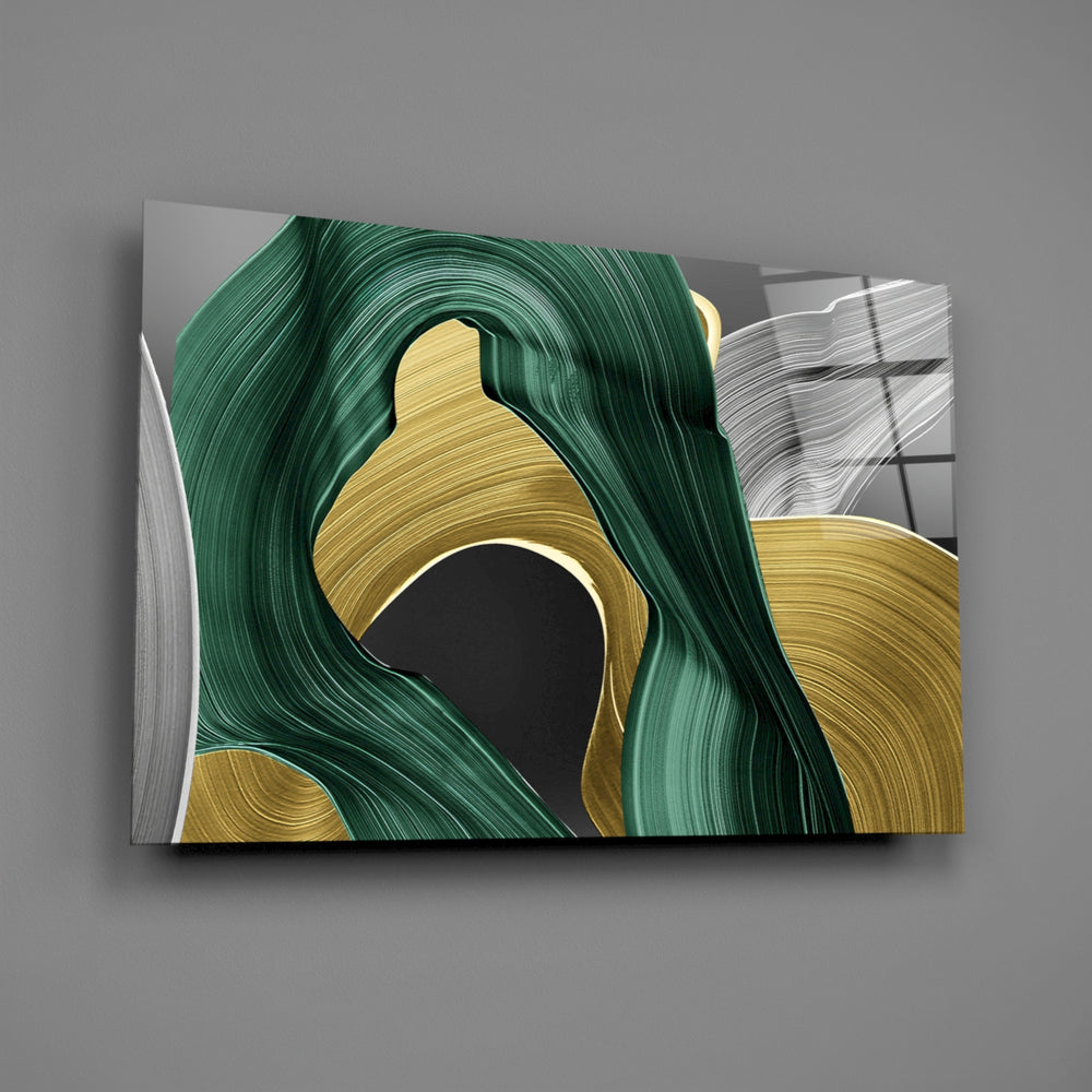 Painterly emerald-and-gold cinematic glass wall art over walnut dining sideboard
