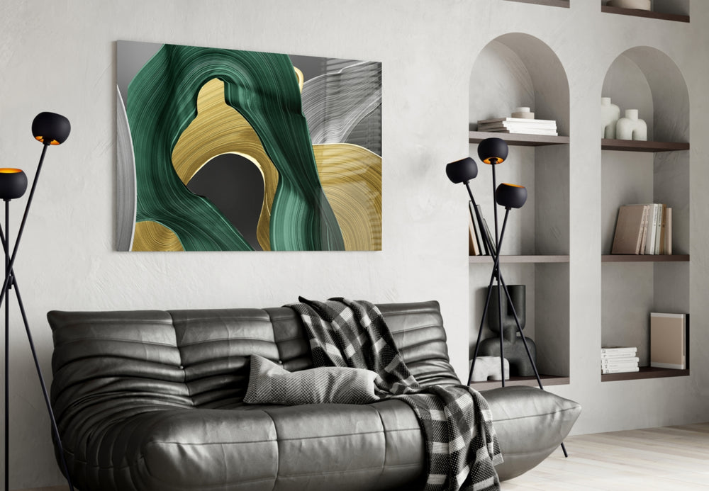 Hand-pulled brushstroke abstract glass wall art in couture dining room