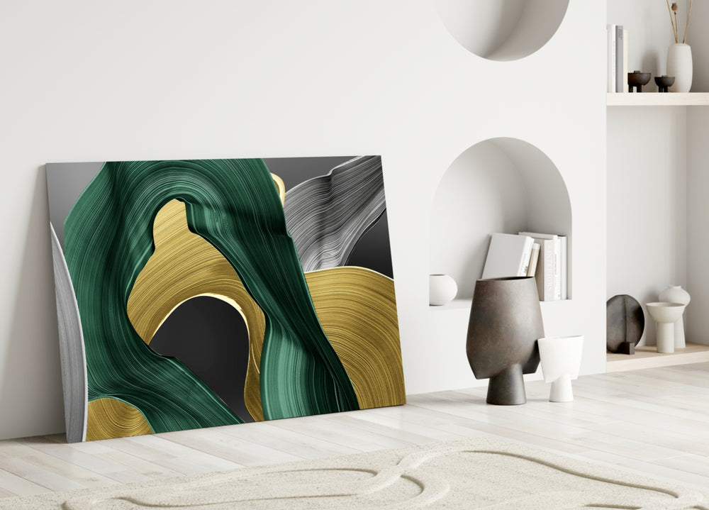 Emerald-gold-charcoal cinematic glass wall art over master-bedroom headboard