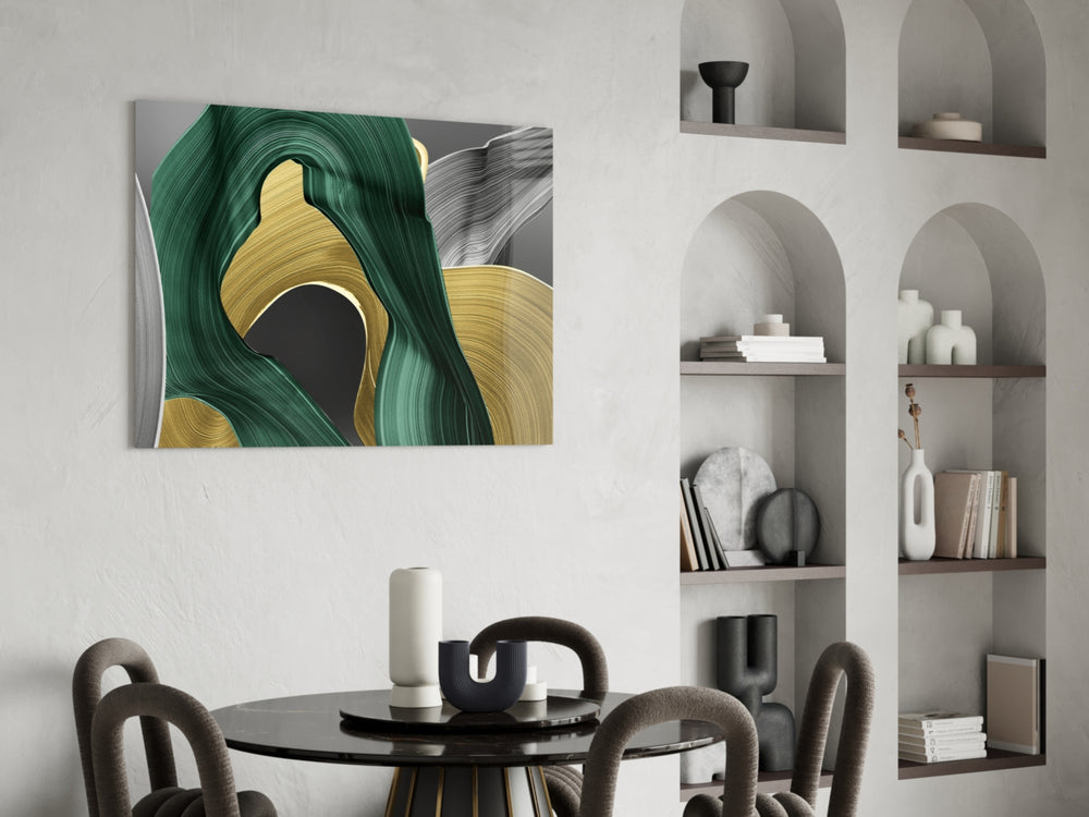 Gold-and-emerald sculptural abstract glass wall art over modern bar cabinet