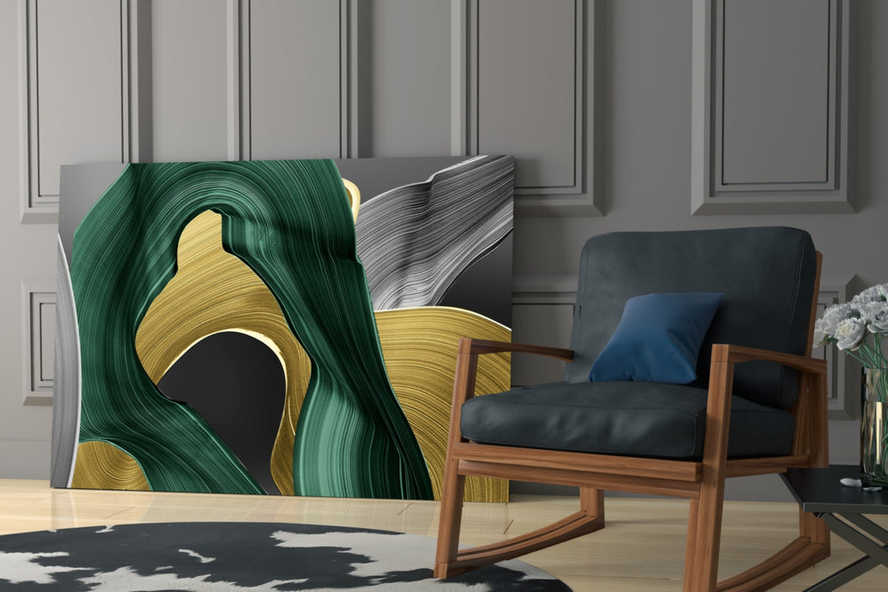 Charcoal-and-emerald cinematic glass wall art in heritage dining space
