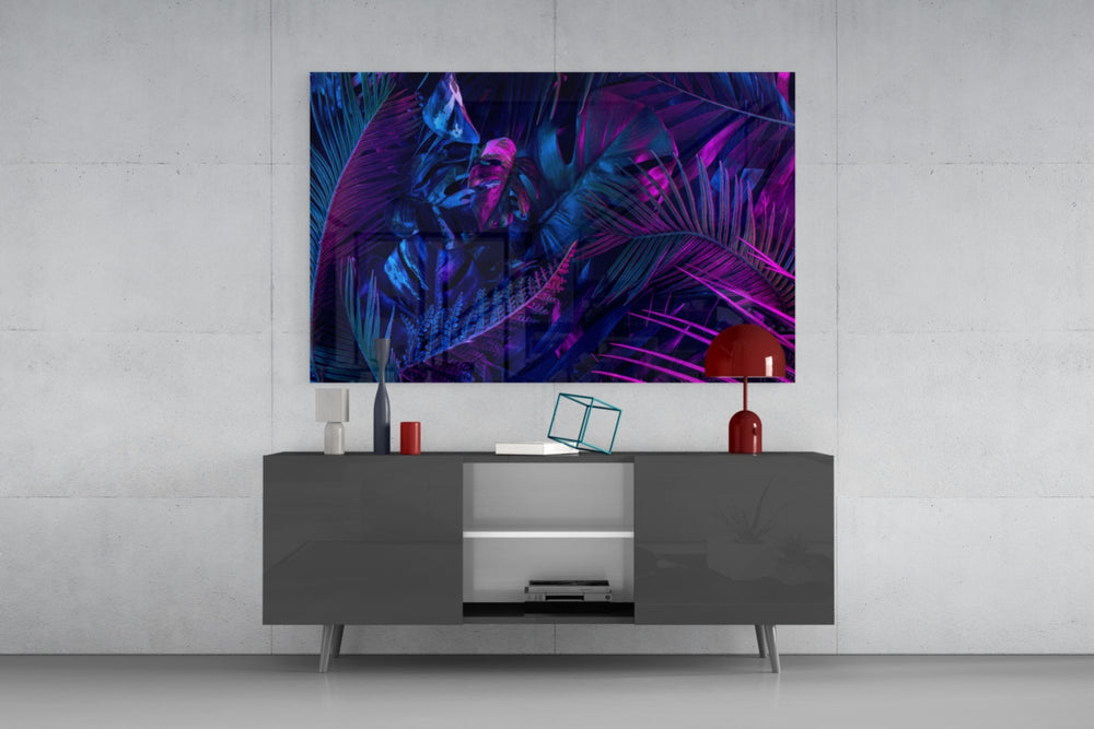Tropical-modern neon foliage glass wall art in hospitality lounge entry