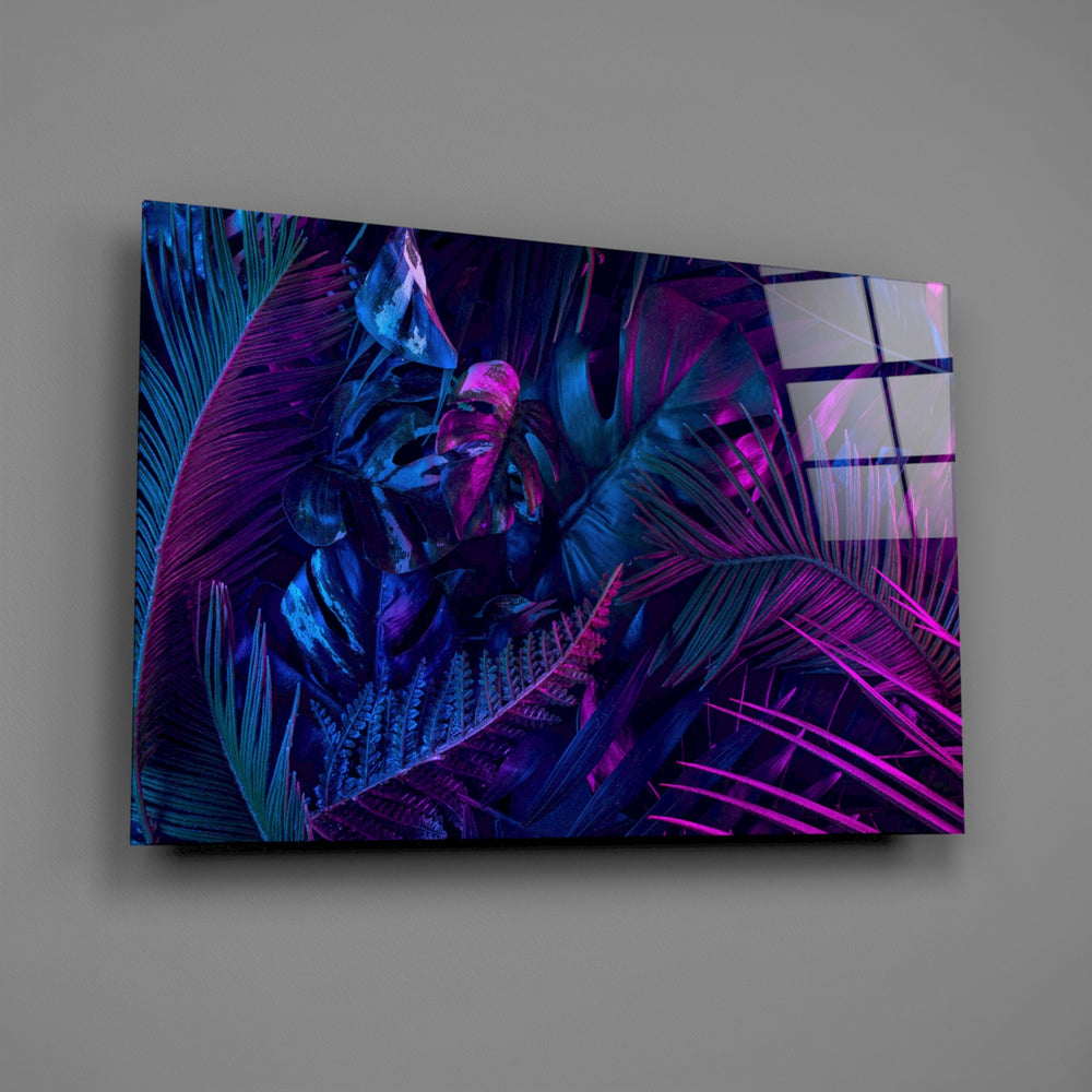 Synthwave tropical foliage glass wall art over modern living-room sofa
