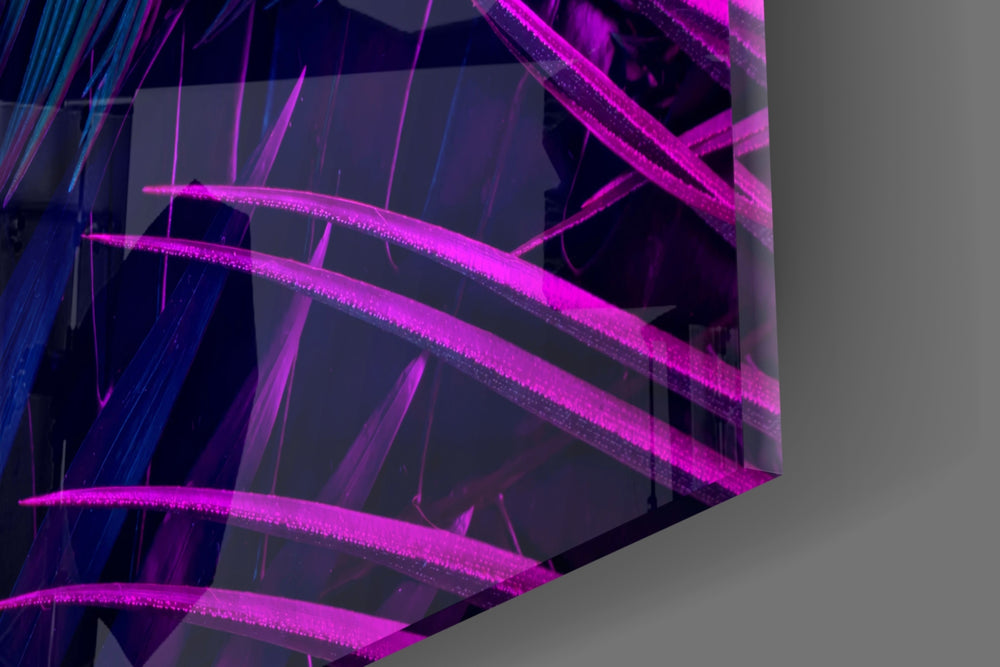 Neon palm-jungle cinematic glass wall art in designer hallway