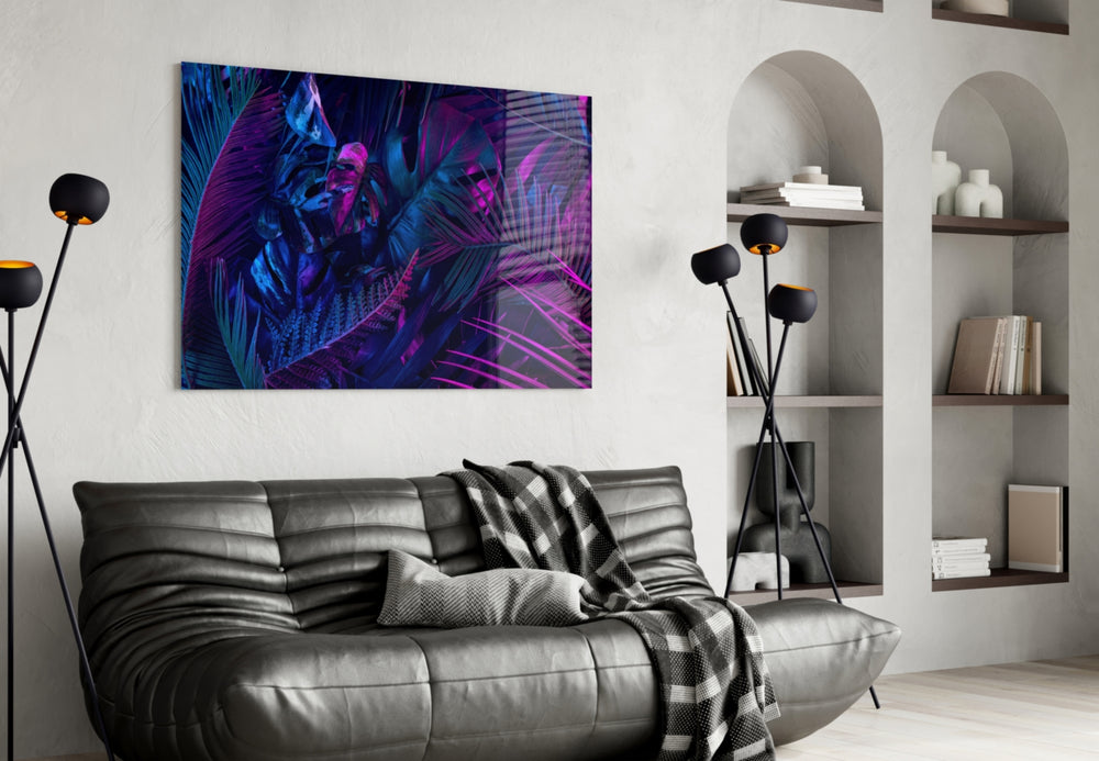 Magenta monstera cinematic glass wall art over master-bedroom headboard