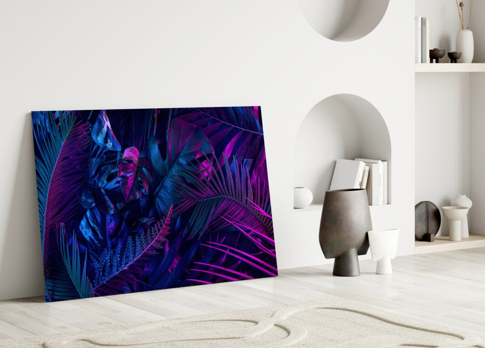 Hot-pink rim-light jungle glass wall art over walnut bar cabinet