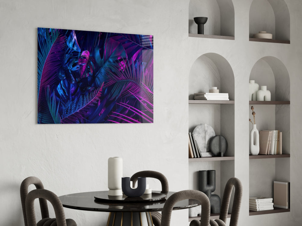 Cobalt-and-pink palm cinematic glass wall art in dramatic dining room