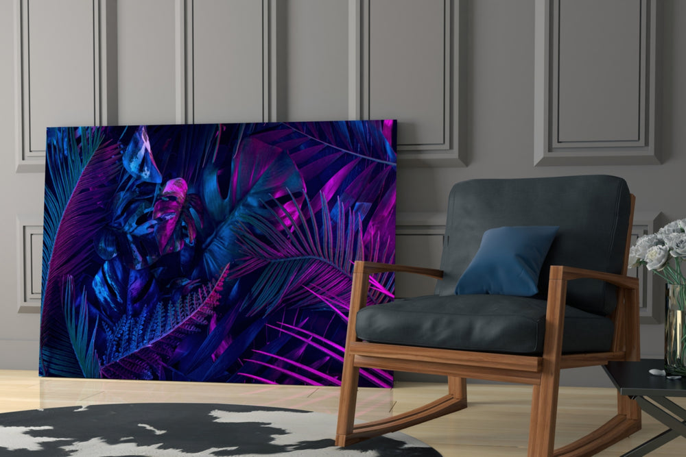 Stage-lit tropical leaf glass wall art in nightclub-style home bar