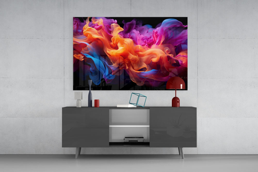 Studio-lit smoke abstract glass wall art in hospitality bar