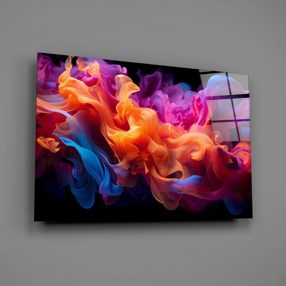 Tangerine and magenta ink-billow glass wall art over walnut bar cabinet