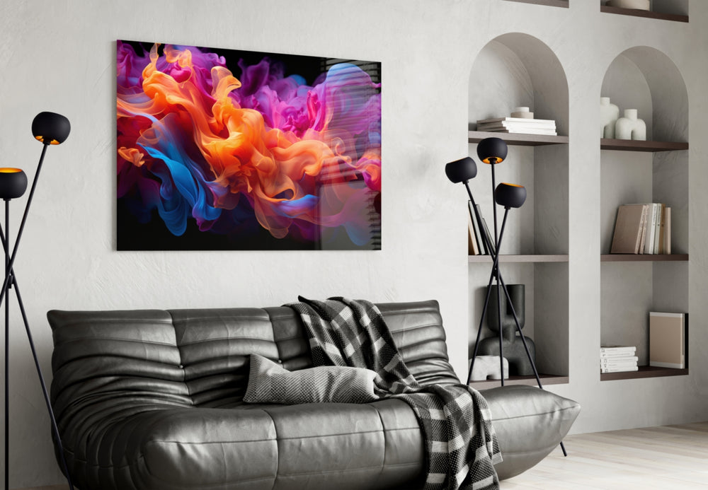 Vibrant smoke abstract glass wall art in dramatic lounge with brass accents