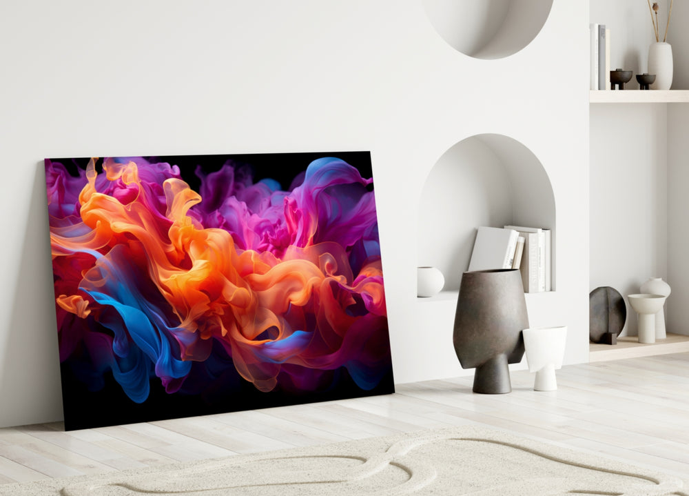 Magenta-and-cobalt smoke glass wall art over master-bedroom headboard