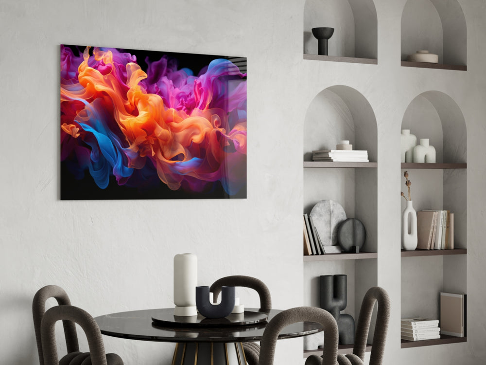 Captured-fluid cinematic glass wall art over modern dining sideboard