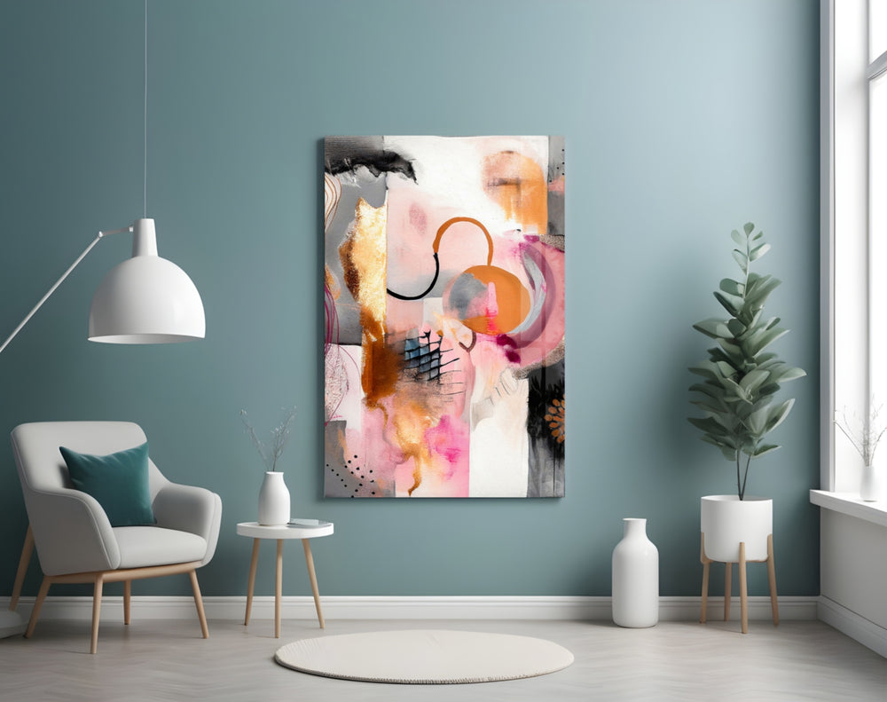 Soft-pink and charcoal cinematic glass wall art over master-bedroom headboard