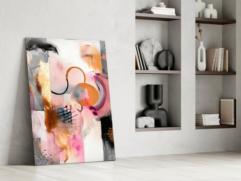 Tangerine-and-ivory cinematic glass wall art in hospitality lounge