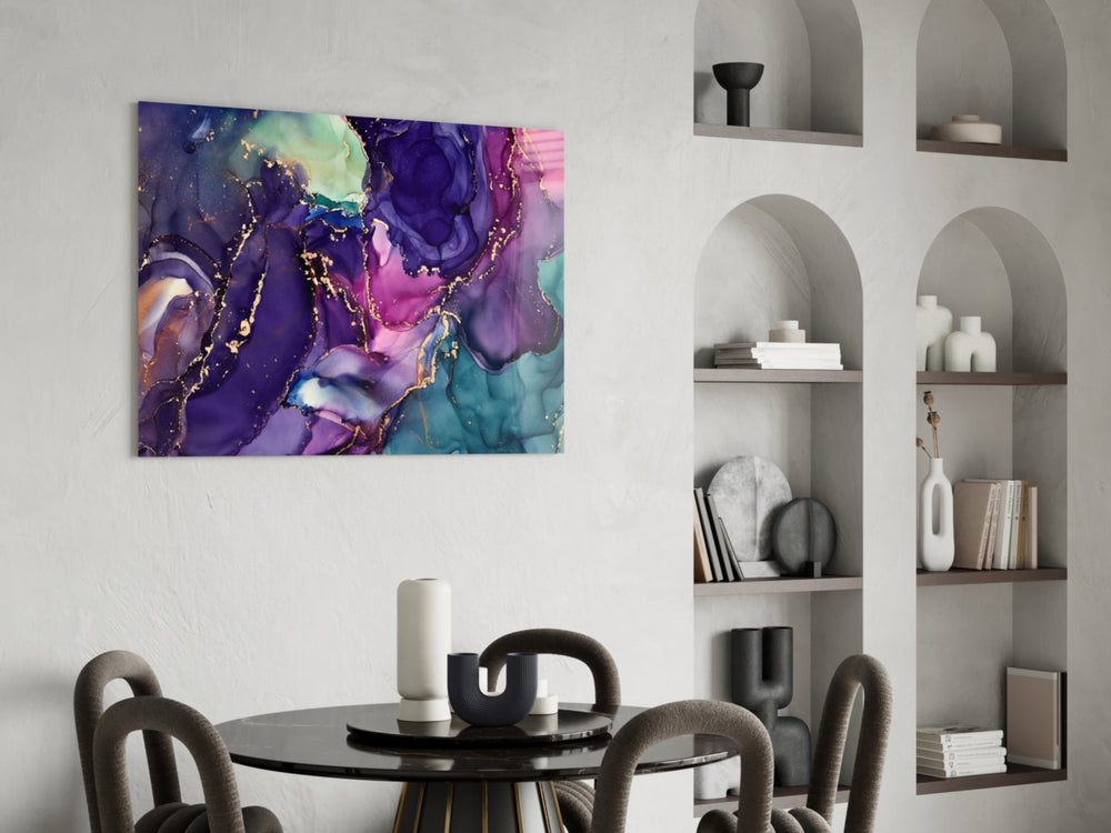 Cinematic amethyst-luxury splash glass wall art in hotel lounge