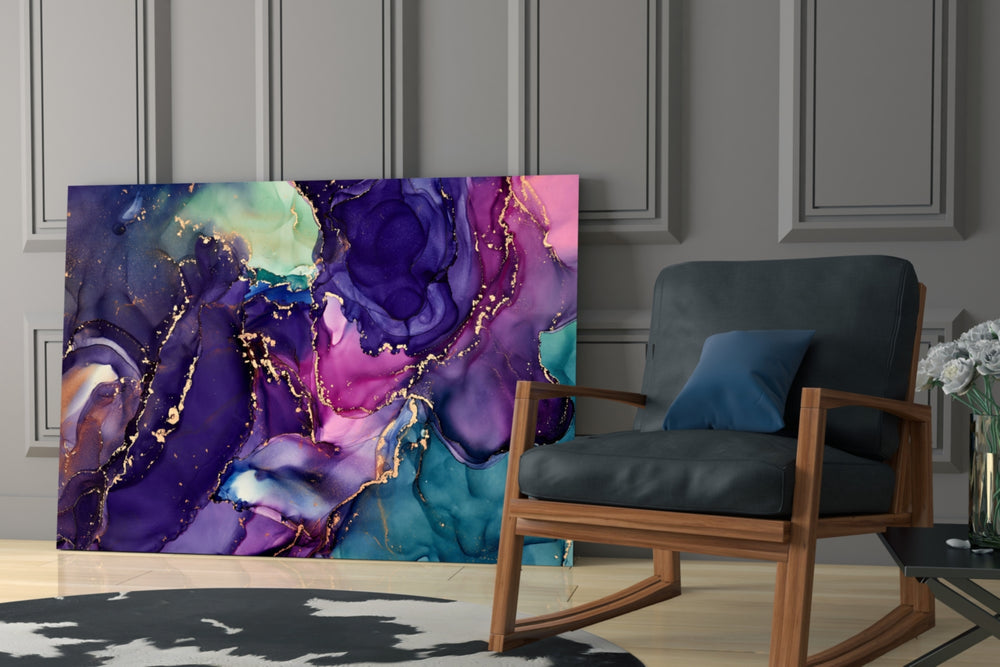 Gold-flecked purple abstract glass wall art over modern dining table