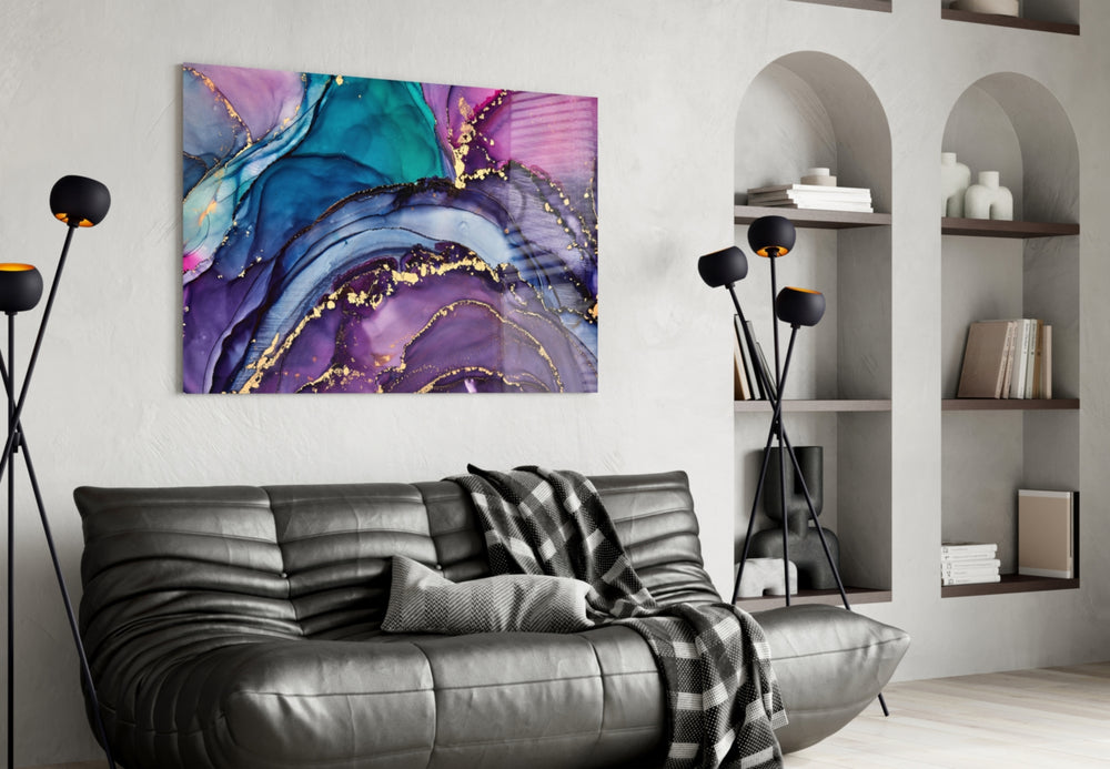 Couture fluid-art amethyst glass wall art in fashion-house entry lobby