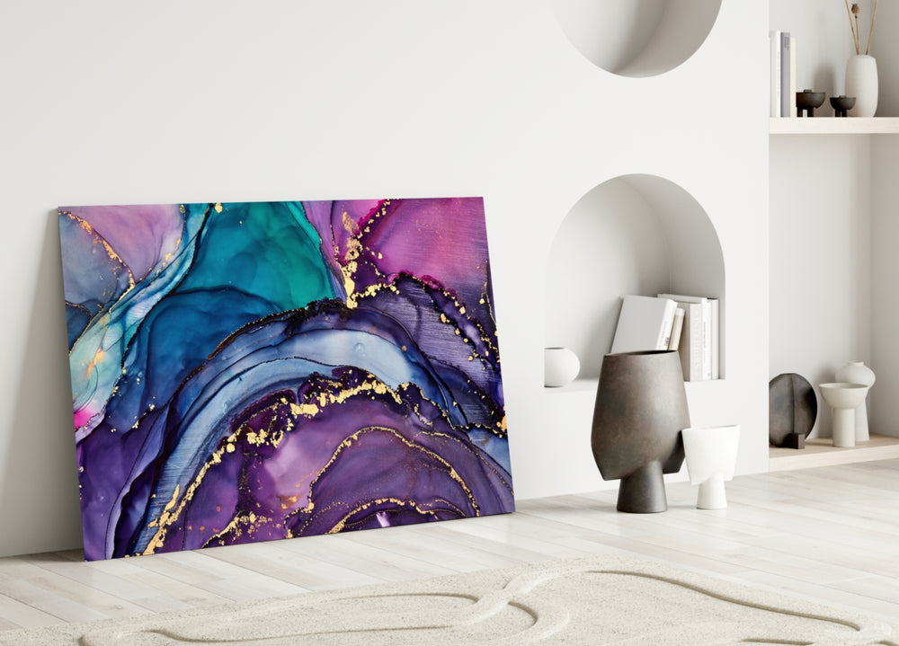Violet-and-gold-vein marble glass wall art over master-bedroom headboard