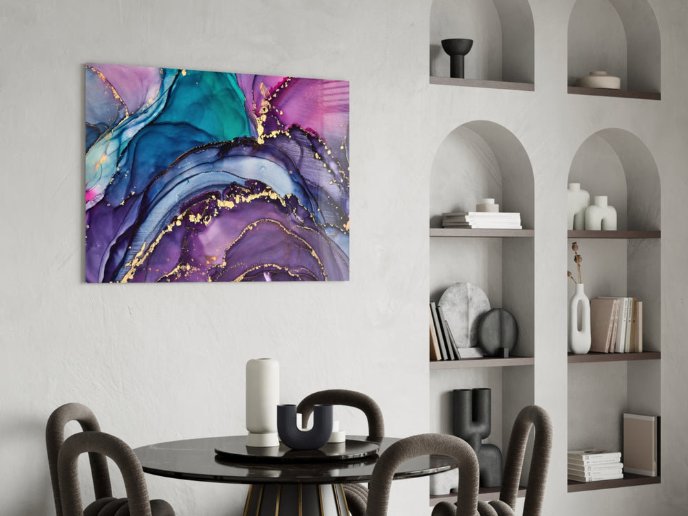 Cinematic amethyst-luxury splash glass wall art in hotel lounge