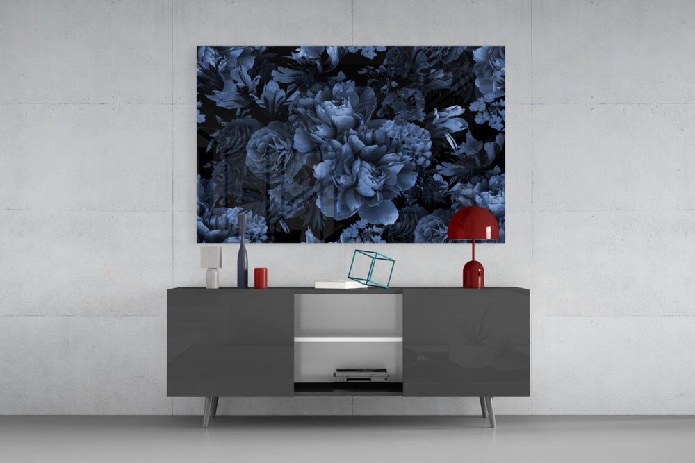 Midnight rose-and-peony glass wall art in glamorous library