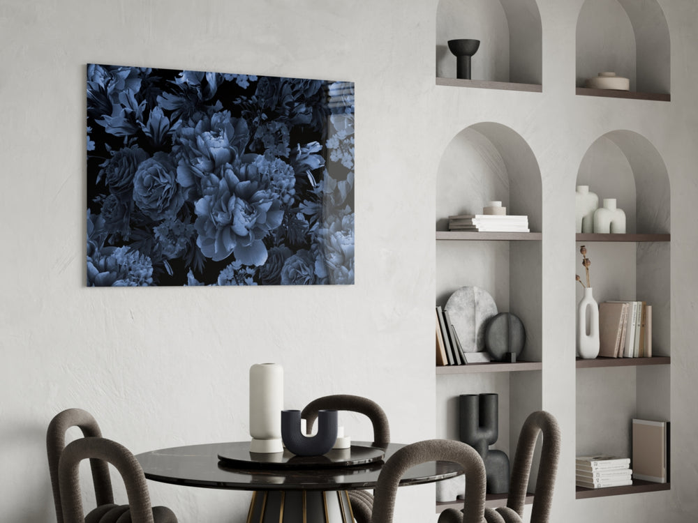 Vanitas indigo-bloom cinematic glass wall art in luxury powder-room